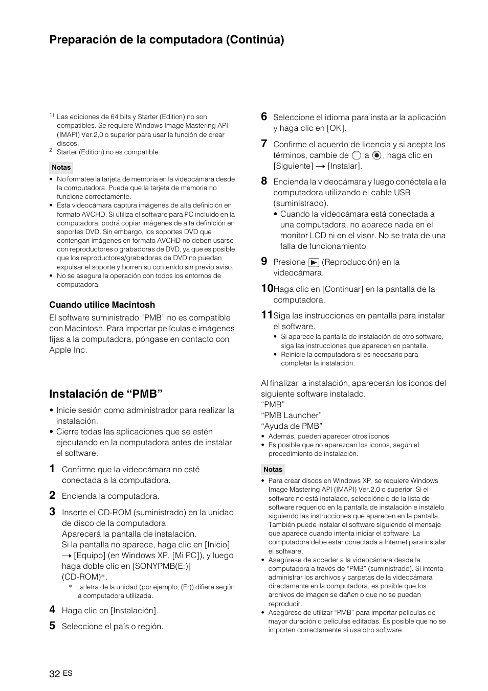 Instalación de “pmb, Preparación de la computadora (continúa) | Sony NEX-VG10 User Manual | Page 139 / 161