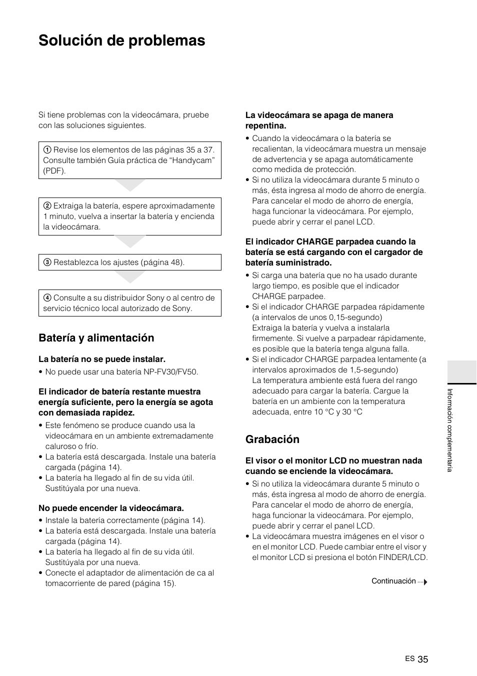 Información complementaria, Solución de problemas, Ión c | Batería y alimentación, Grabación | Sony NEX-VG10 User Manual | Page 142 / 161