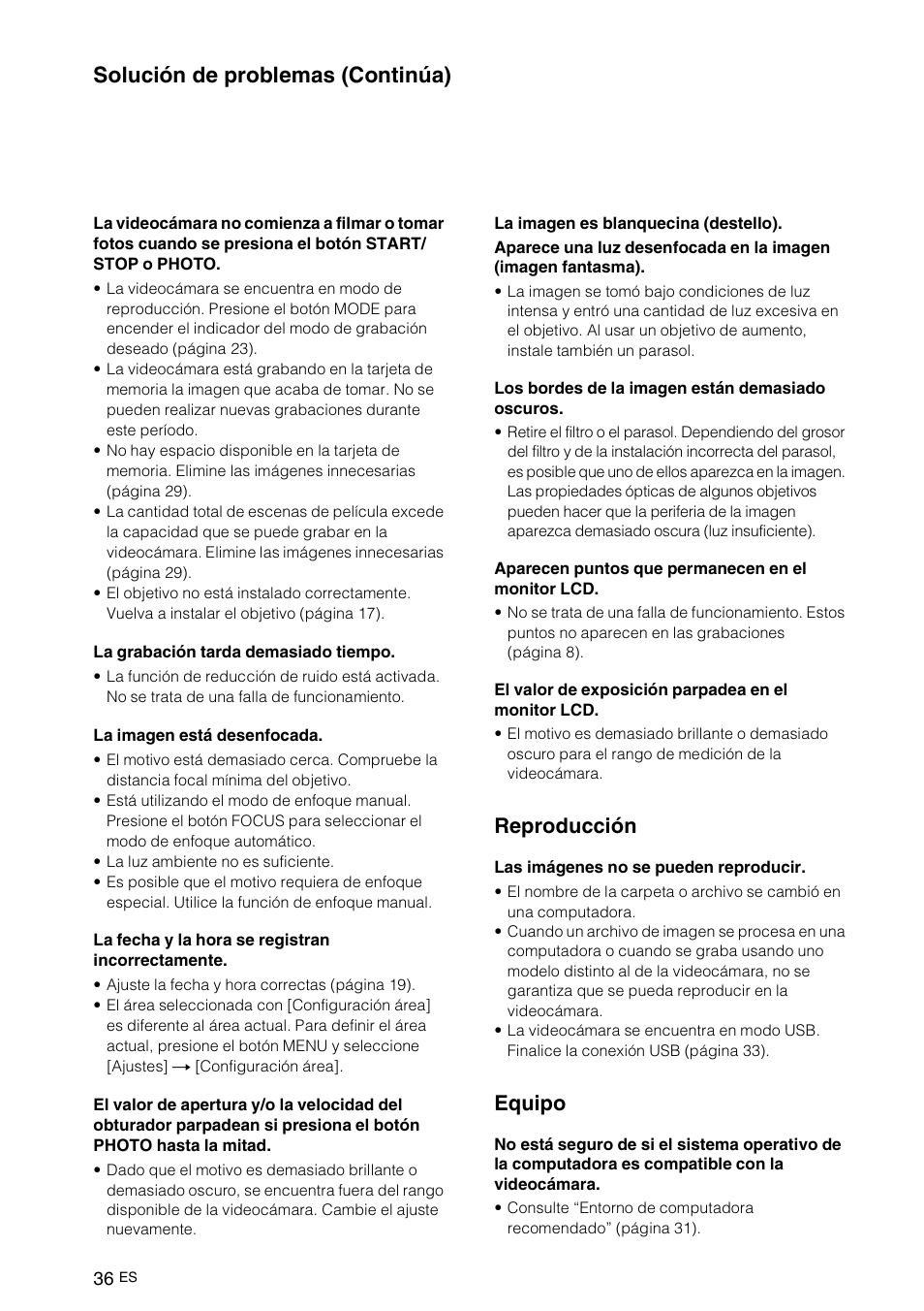 Solución de problemas (continúa), Reproducción, Equipo | Sony NEX-VG10 User Manual | Page 143 / 161