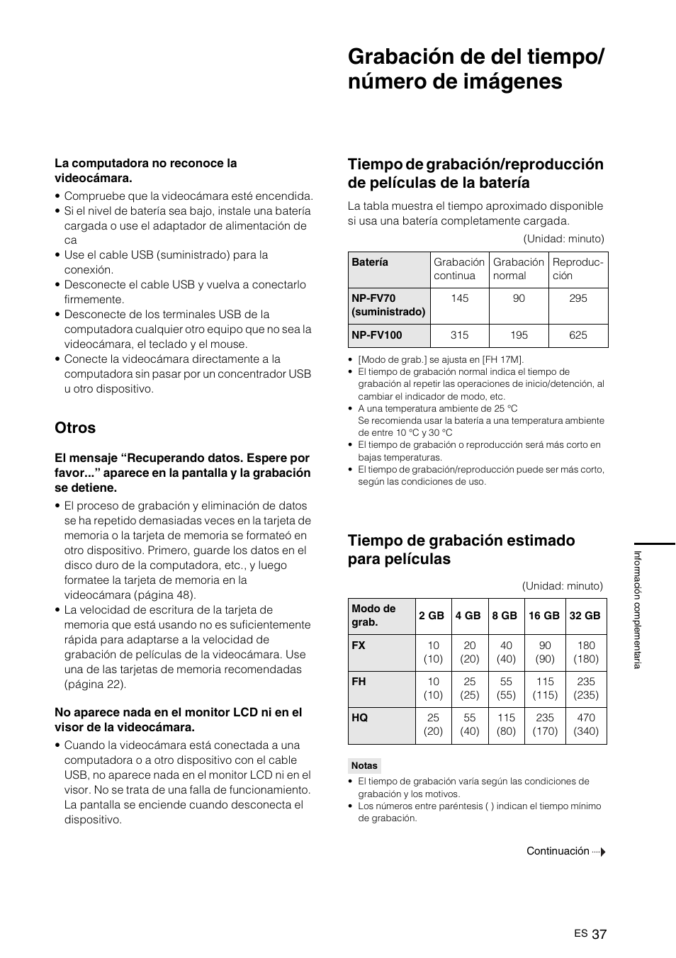 Grabación de del tiempo/ número de imágenes, Tiempo de grabación estimado para películas, Grabación de del tiempo/número de imágenes | Otros | Sony NEX-VG10 User Manual | Page 144 / 161