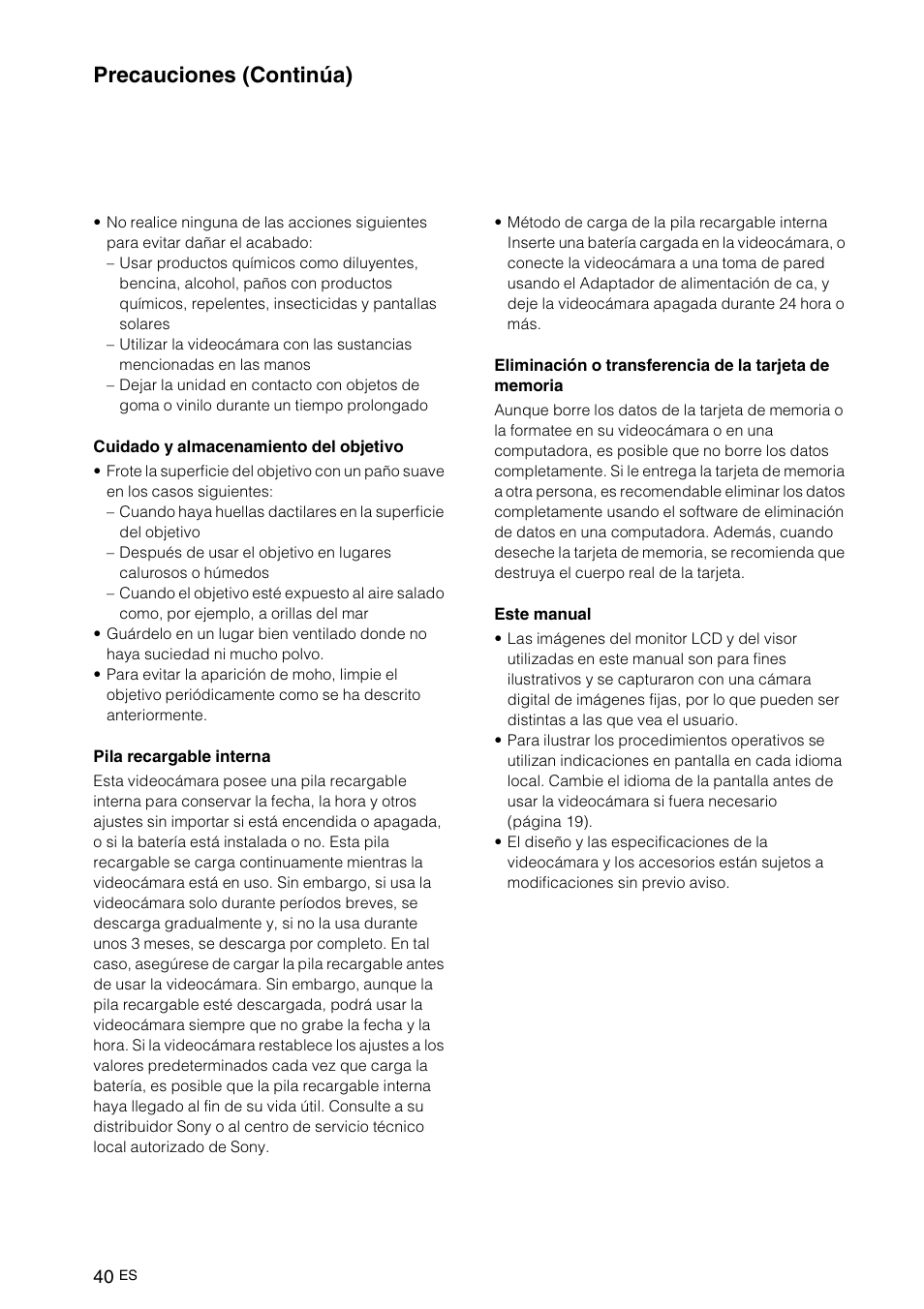 Precauciones (continúa) | Sony NEX-VG10 User Manual | Page 147 / 161