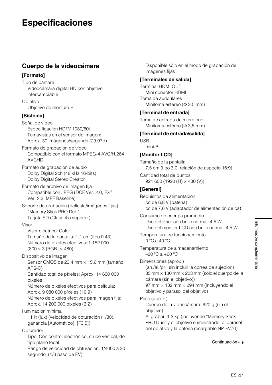 Especificaciones, Cuerpo de la videocámara | Sony NEX-VG10 User Manual | Page 148 / 161