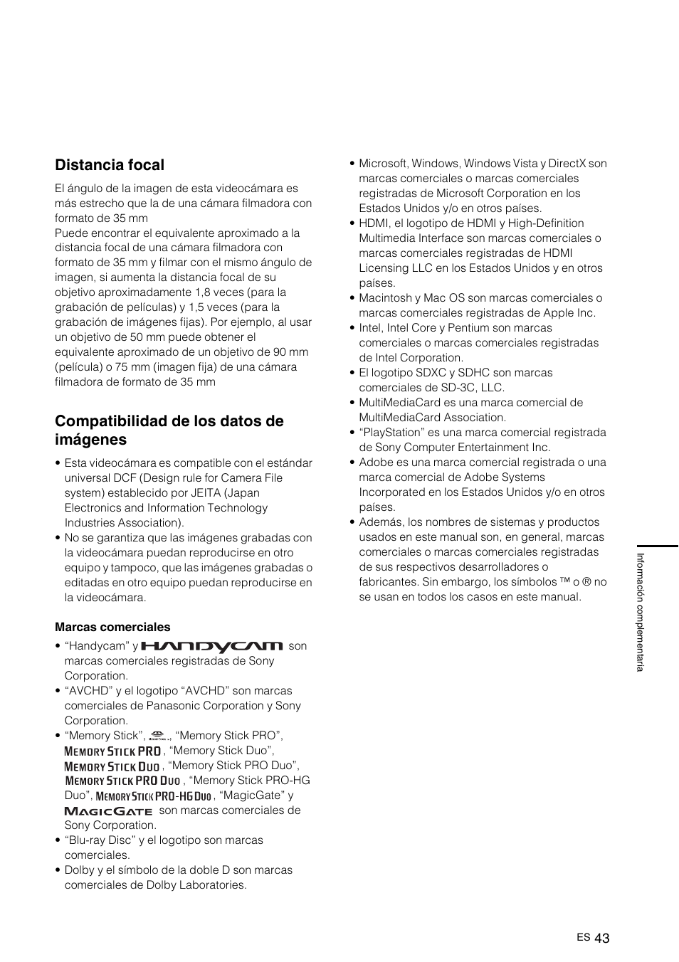 Distancia focal, Compatibilidad de los datos de imágenes | Sony NEX-VG10 User Manual | Page 150 / 161