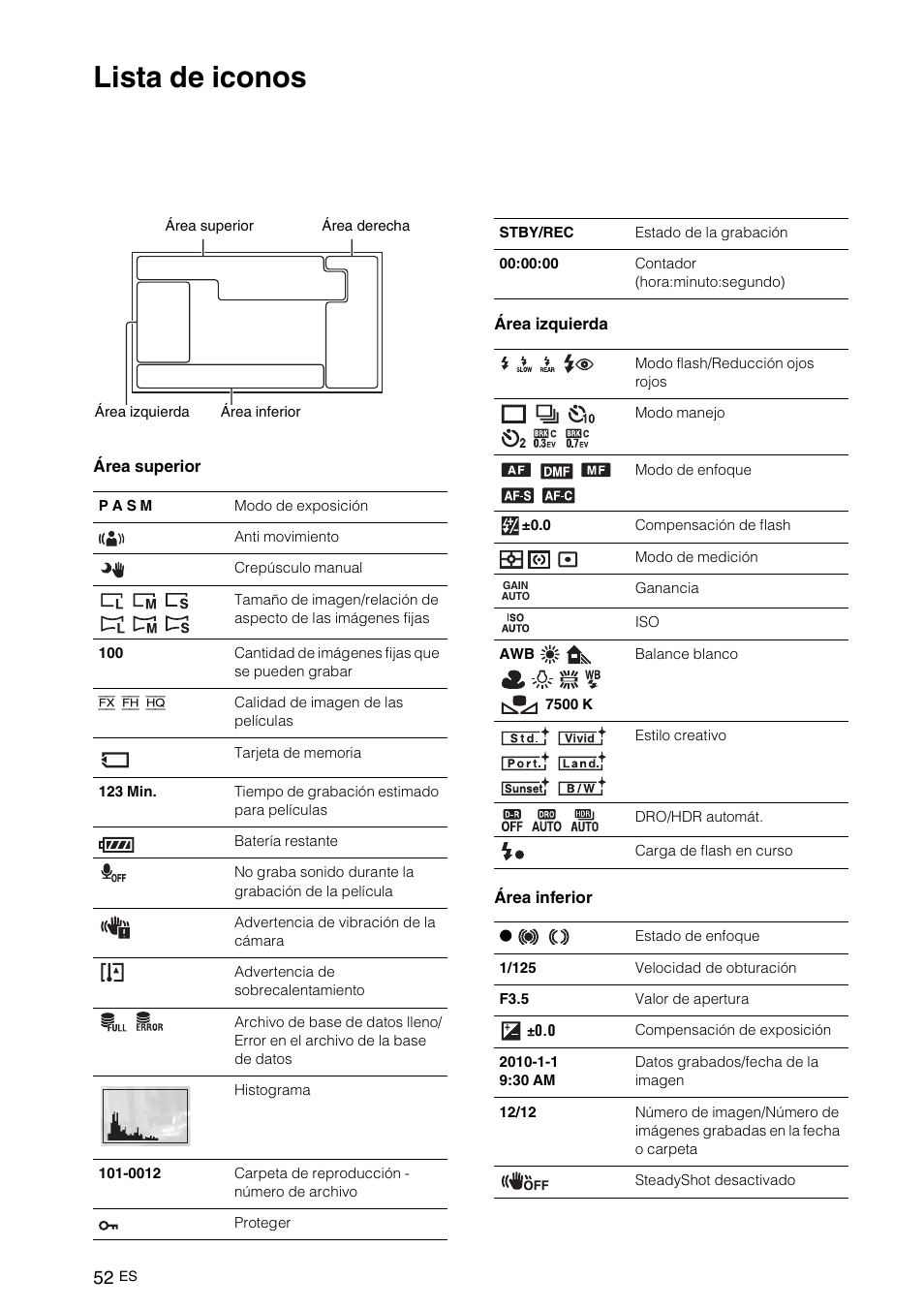 Lista de iconos | Sony NEX-VG10 User Manual | Page 159 / 161