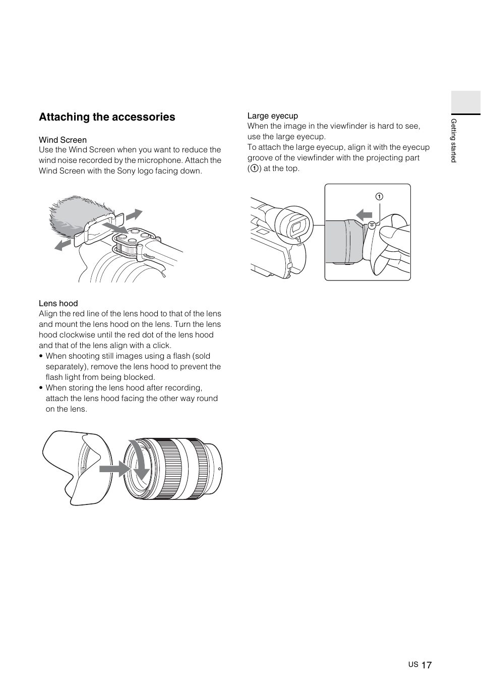 Attaching the accessories | Sony NEX-VG10 User Manual | Page 16 / 161