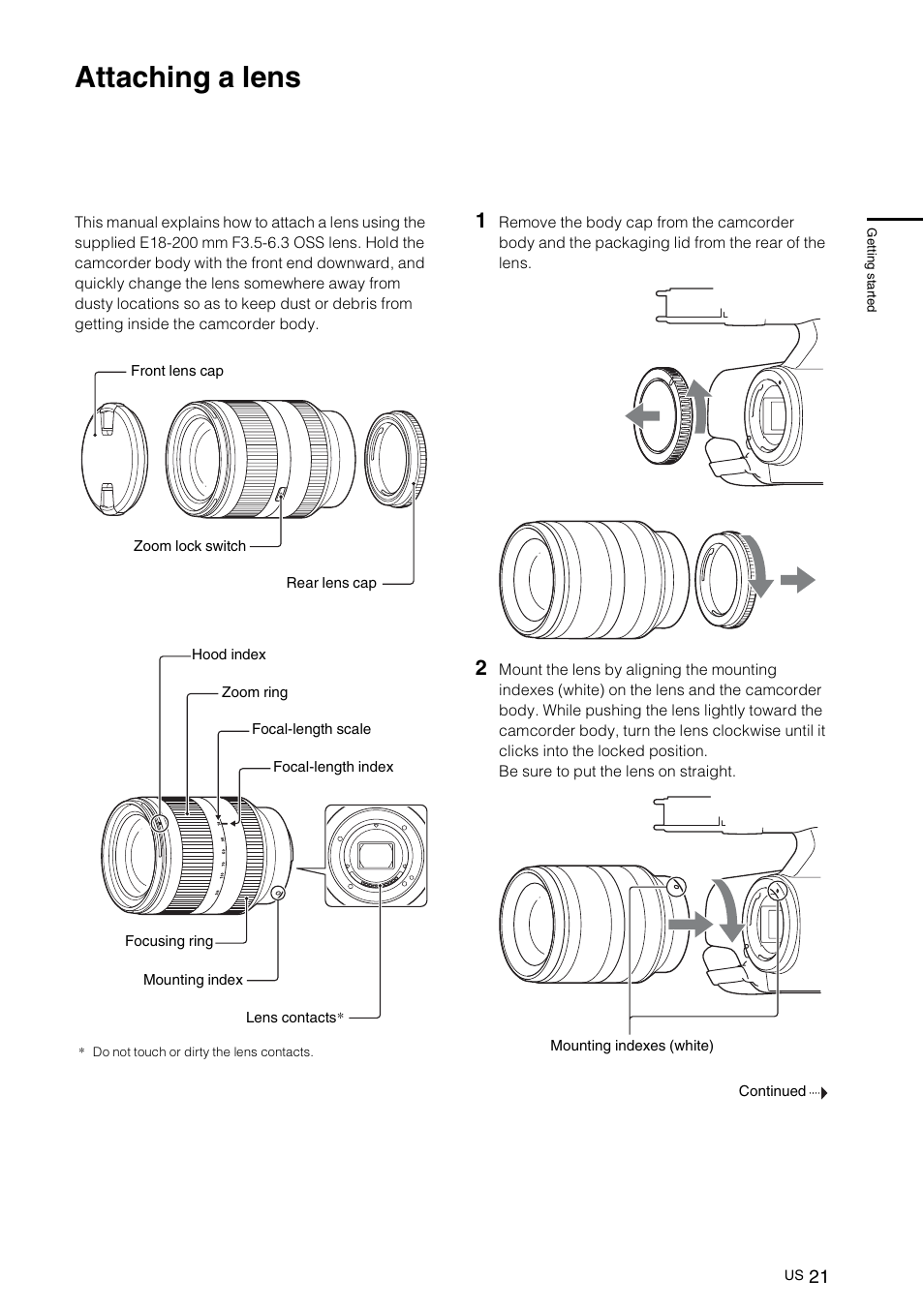 Attaching a lens | Sony NEX-VG10 User Manual | Page 20 / 161