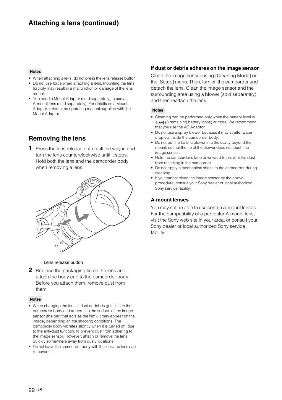 Removing the lens, Attaching a lens (continued), Removing the lens 1 | Sony NEX-VG10 User Manual | Page 21 / 161