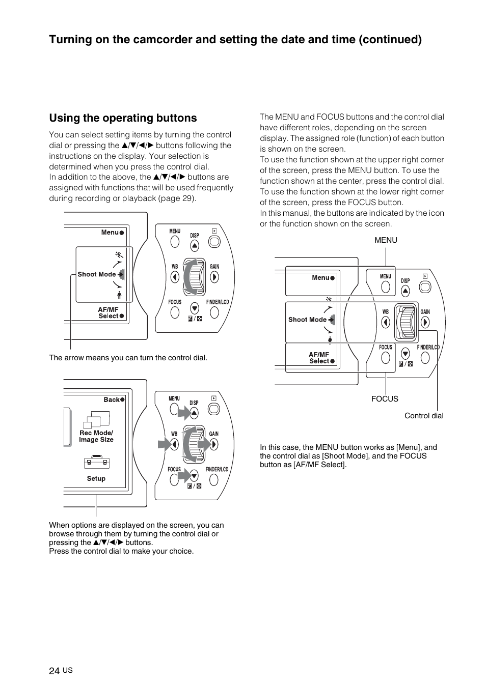 Using the operating buttons | Sony NEX-VG10 User Manual | Page 23 / 161