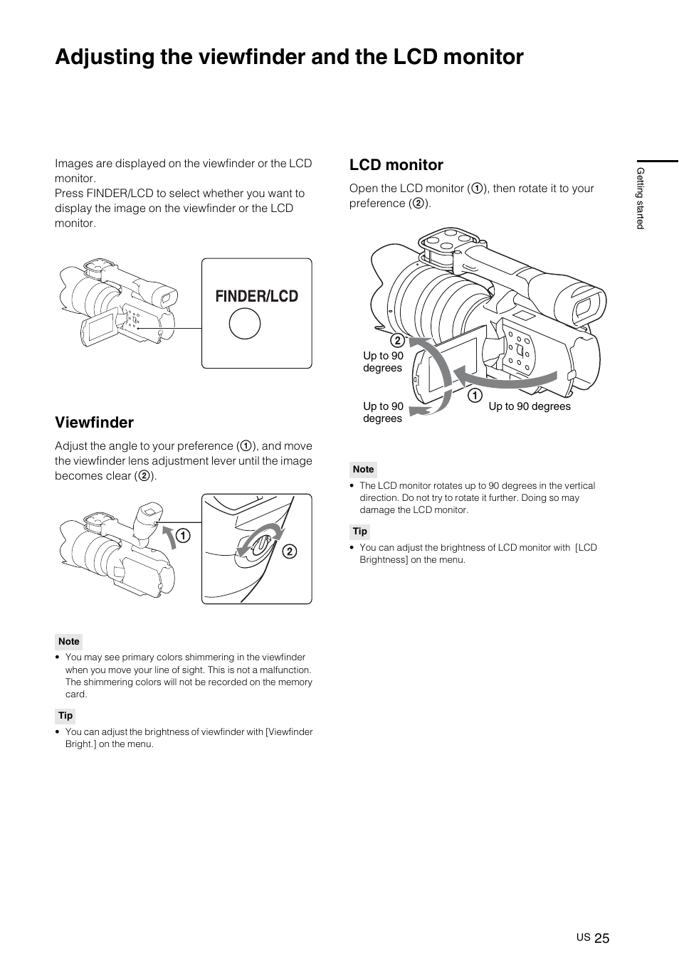 Adjusting the viewfinder and the lcd monitor, Viewfinder, Lcd monitor | Sony NEX-VG10 User Manual | Page 24 / 161