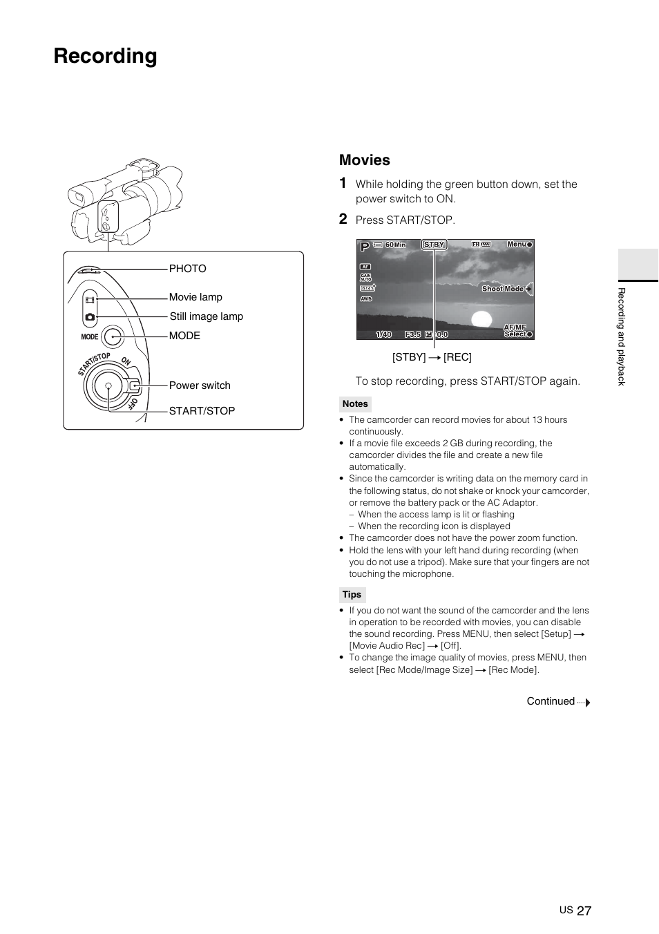 Recording and playback, Recording, Movies | Rdi n, G and, Pl ay bac, 27) and t, Movies 1 | Sony NEX-VG10 User Manual | Page 26 / 161