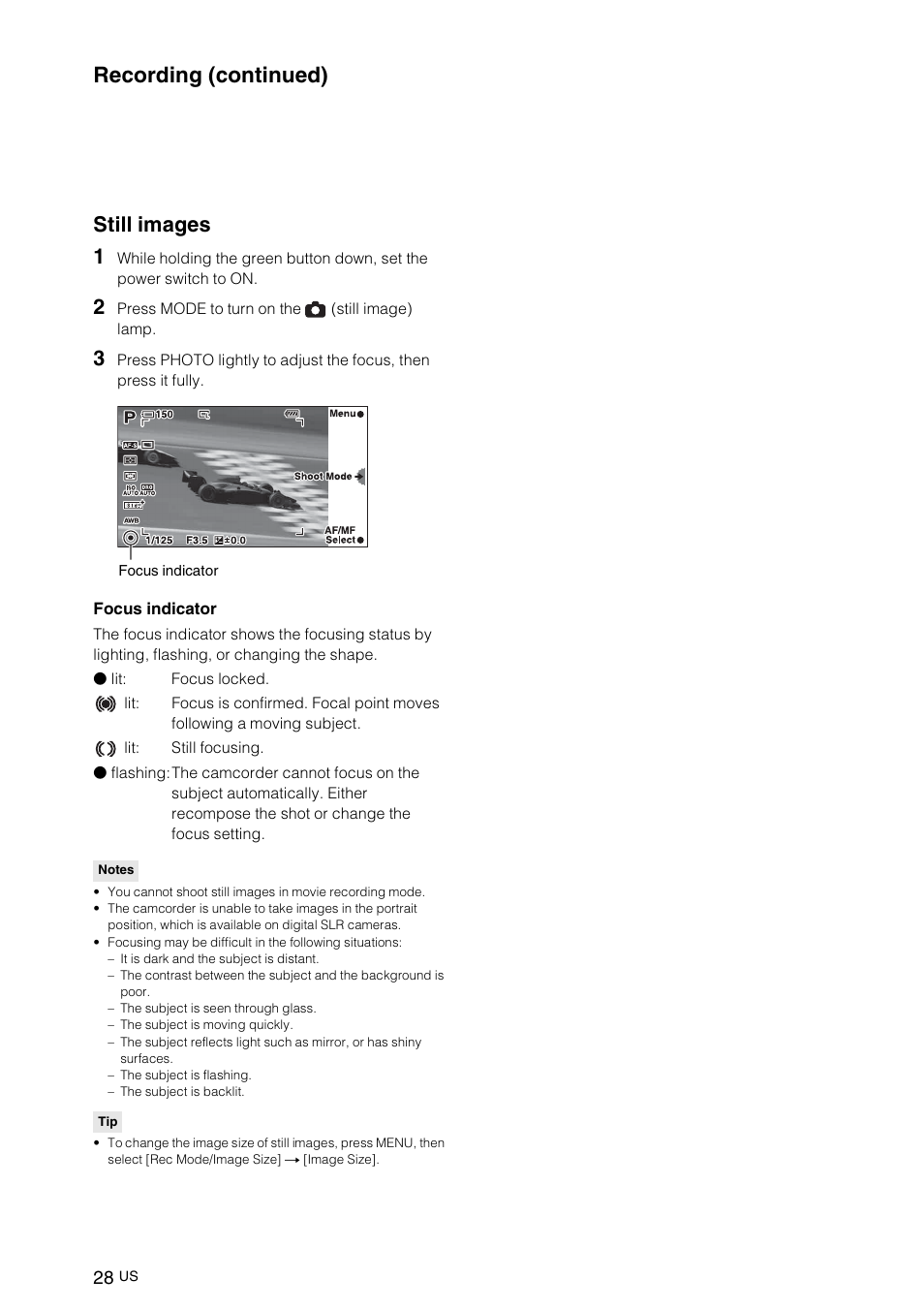 Still images, Recording (continued), Still images 1 | Sony NEX-VG10 User Manual | Page 27 / 161