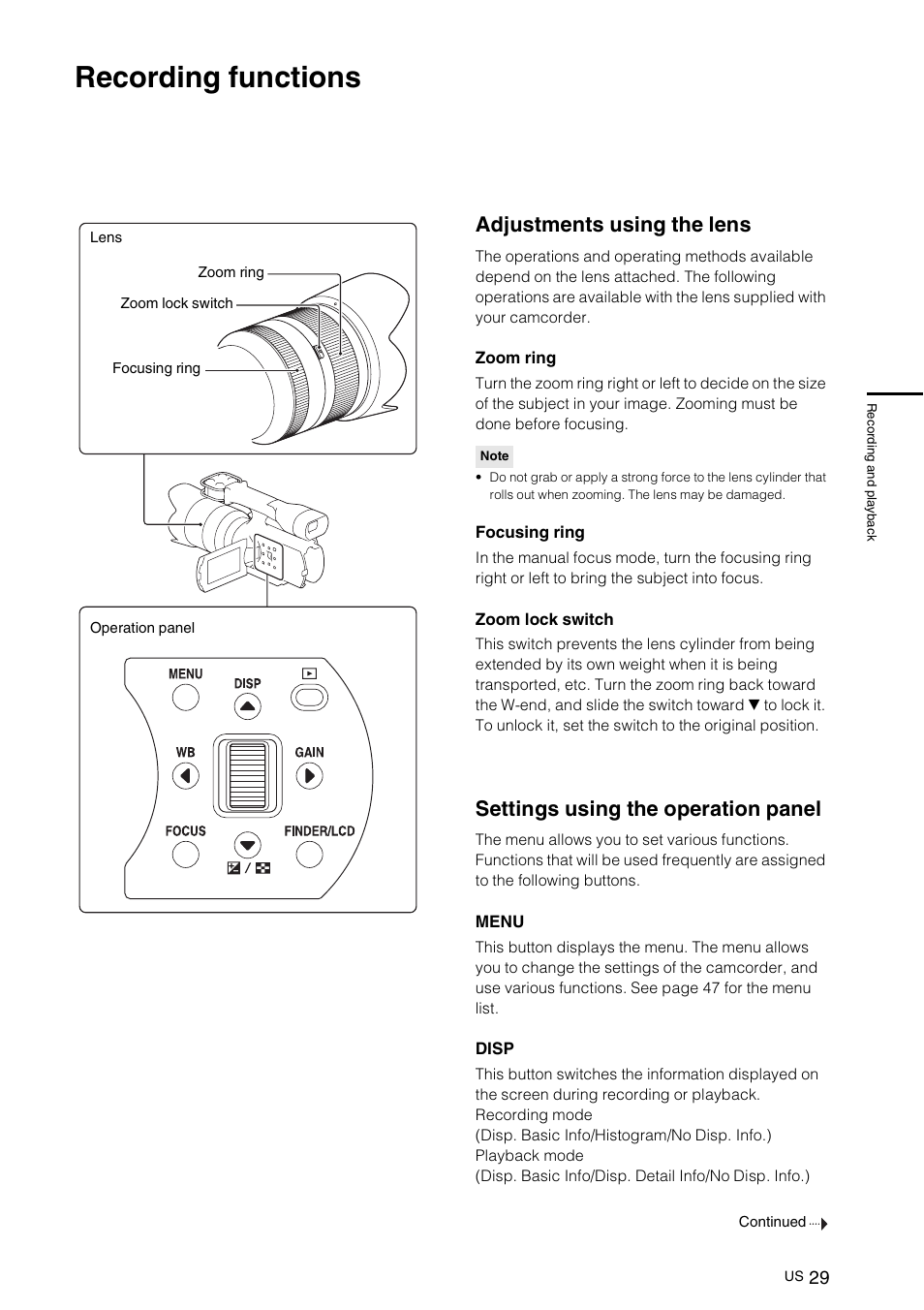 Recording functions, Adjustments using the lens, Settings using the operation panel | Sony NEX-VG10 User Manual | Page 28 / 161