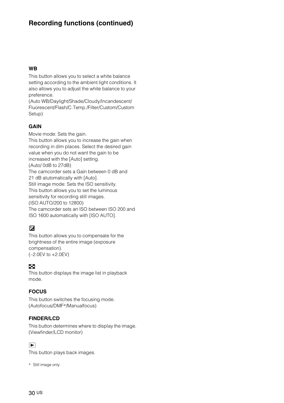 Recording functions (continued) | Sony NEX-VG10 User Manual | Page 29 / 161