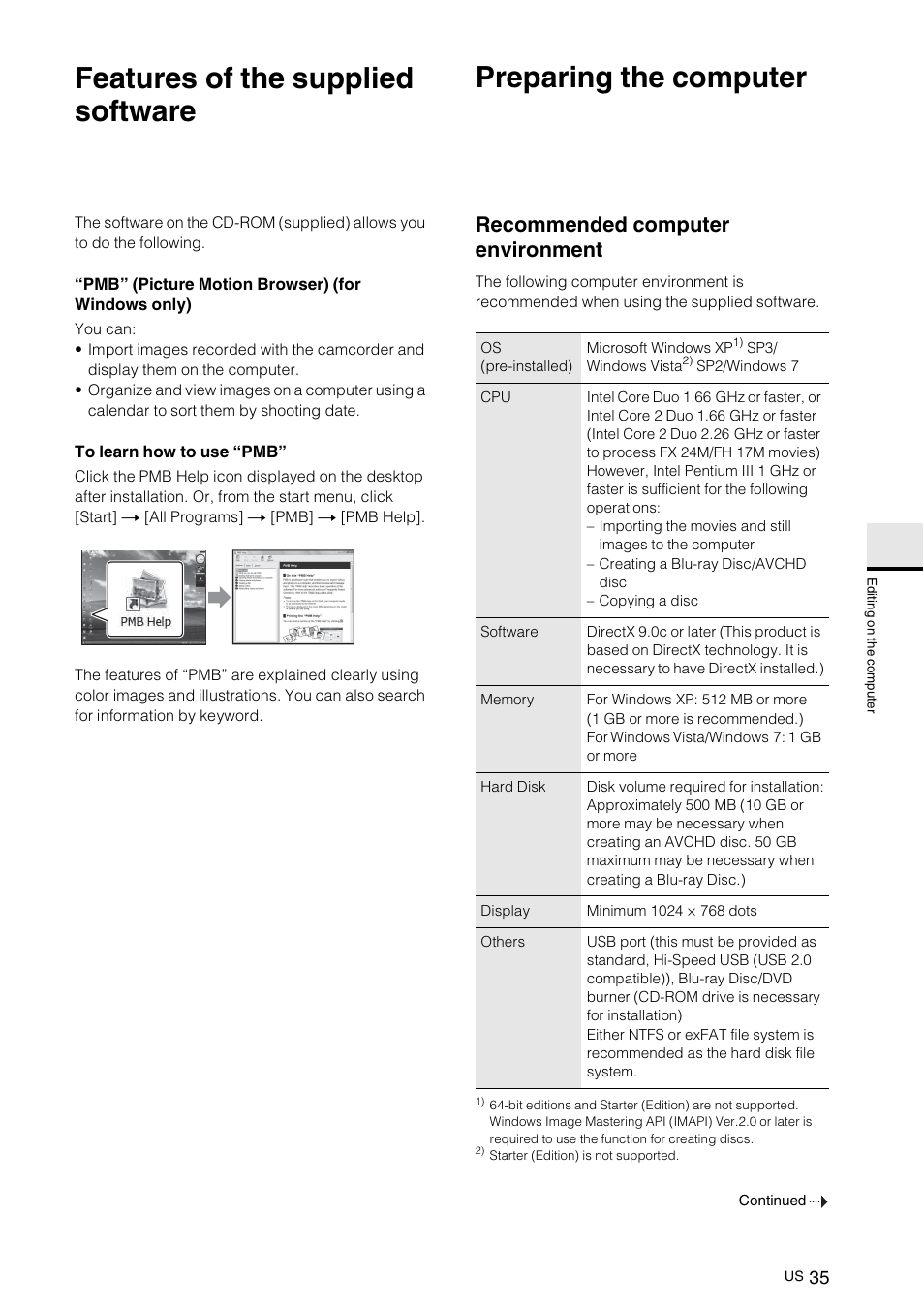 Editing on the computer, Features of the supplied software, Preparing the computer | Recommended computer environment, G on, E c o | Sony NEX-VG10 User Manual | Page 34 / 161