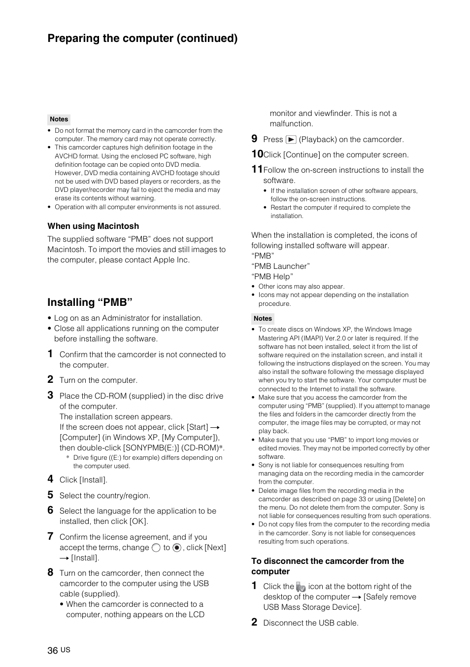 Installing “pmb, Preparing the computer (continued) | Sony NEX-VG10 User Manual | Page 35 / 161