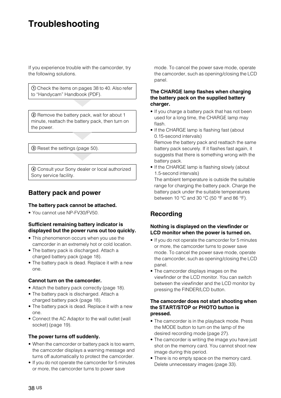 Additional information, Troubleshooting, Rm at | Battery pack and power, Recording | Sony NEX-VG10 User Manual | Page 37 / 161