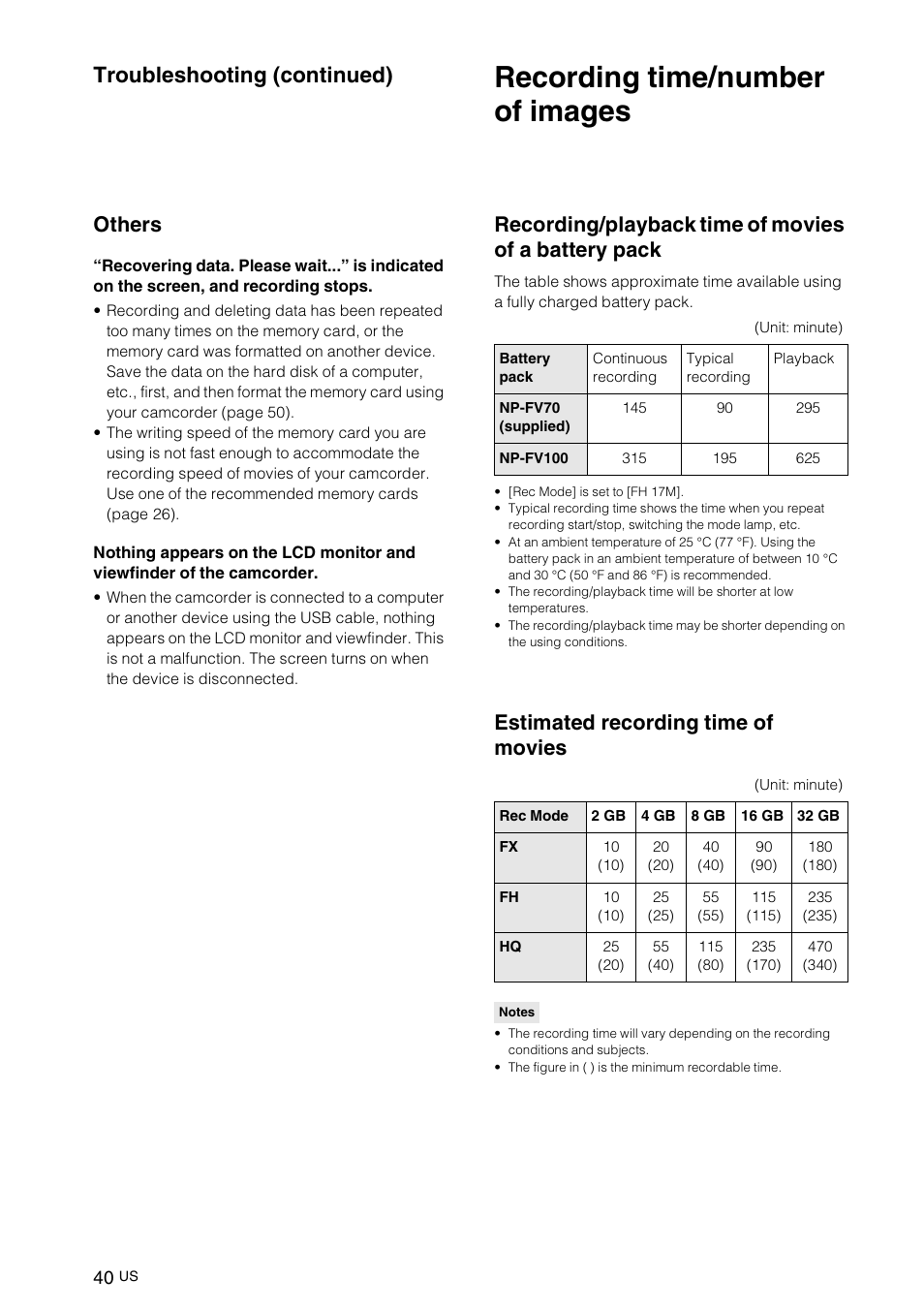 Recording time/number of images, Estimated recording time of movies, Troubleshooting (continued) | Others | Sony NEX-VG10 User Manual | Page 39 / 161