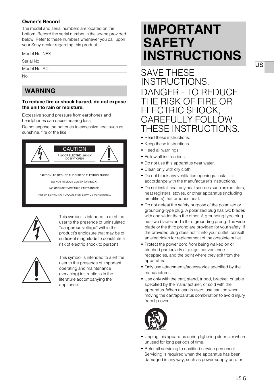 Important safety instructions, Warning | Sony NEX-VG10 User Manual | Page 4 / 161