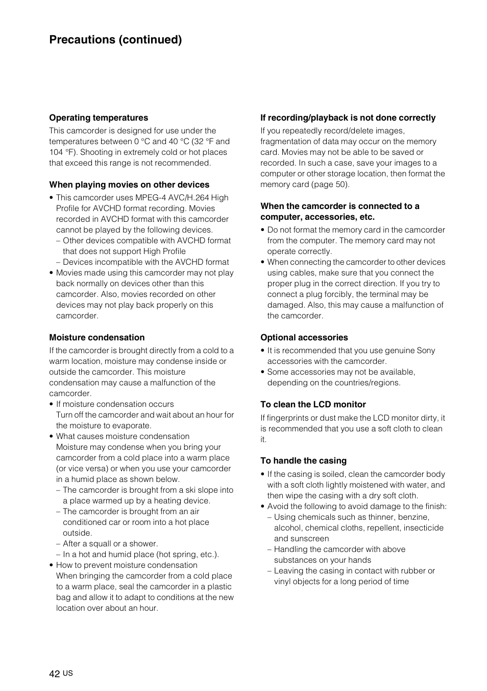 Precautions (continued) | Sony NEX-VG10 User Manual | Page 41 / 161
