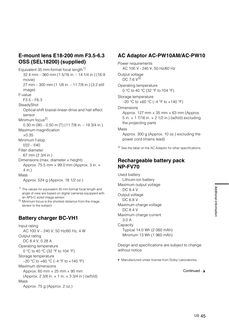 Battery charger bc-vh1, Ac adaptor ac-pw10am/ac-pw10, Rechargeable battery pack np-fv70 | Sony NEX-VG10 User Manual | Page 44 / 161