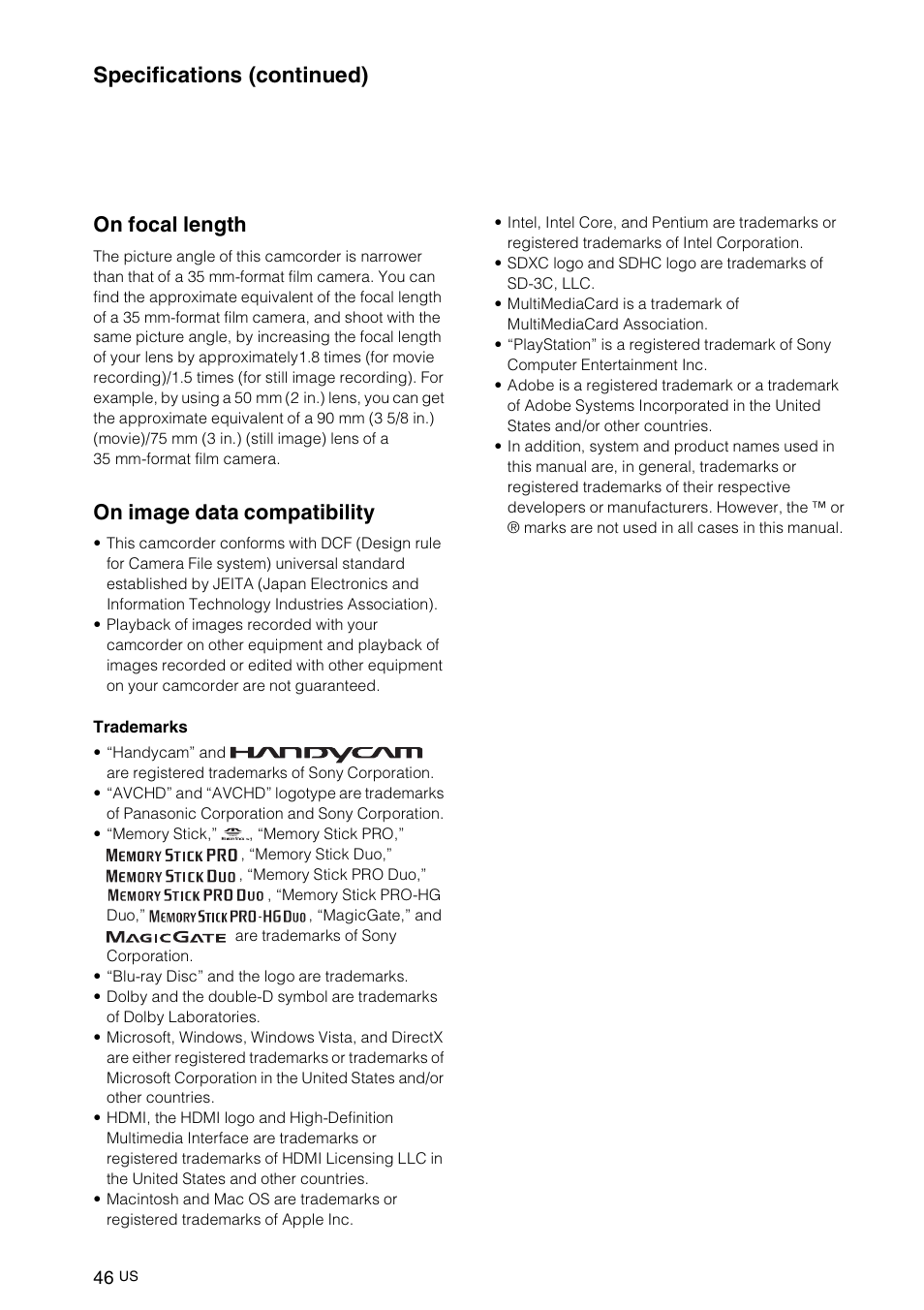 Specifications (continued), On focal length, On image data compatibility | Sony NEX-VG10 User Manual | Page 45 / 161