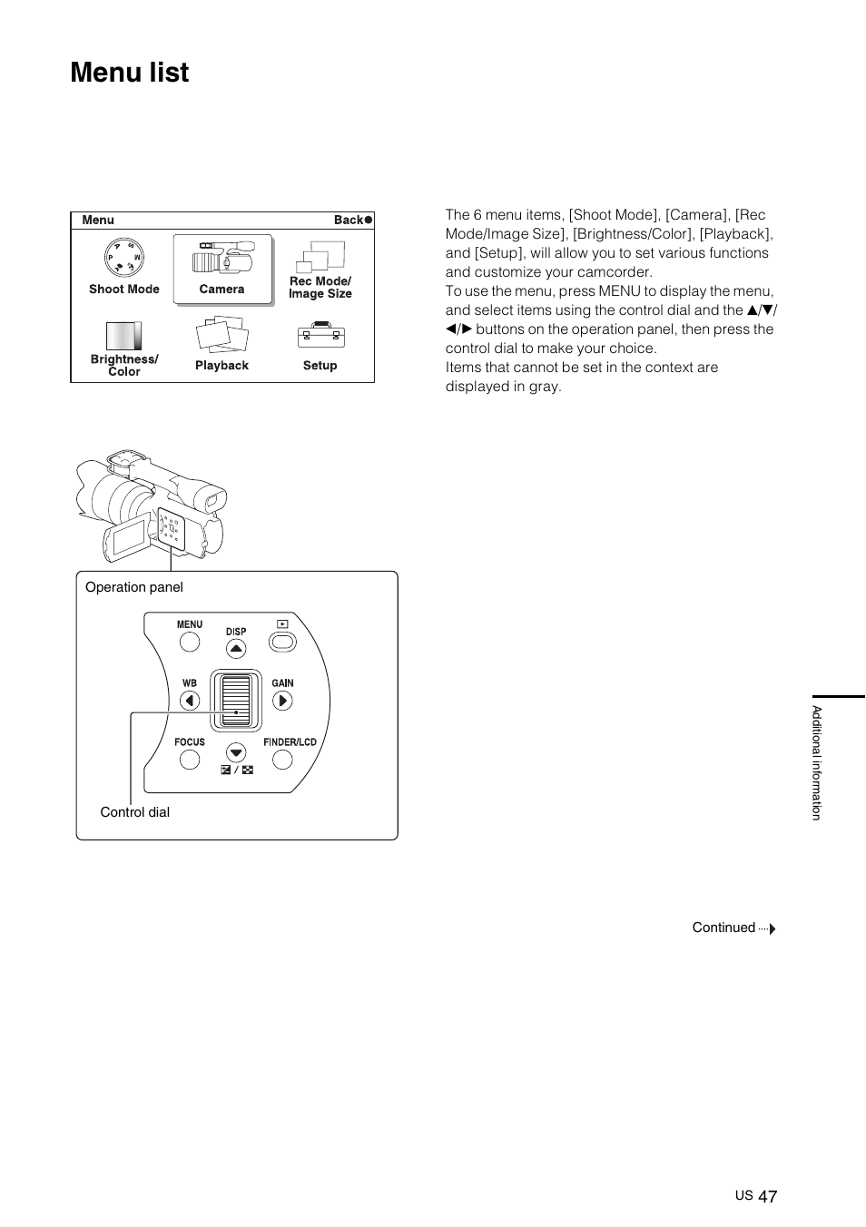 Menu list | Sony NEX-VG10 User Manual | Page 46 / 161