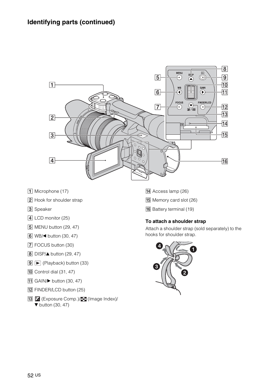 Rap (52), Identifying parts (continued) | Sony NEX-VG10 User Manual | Page 51 / 161