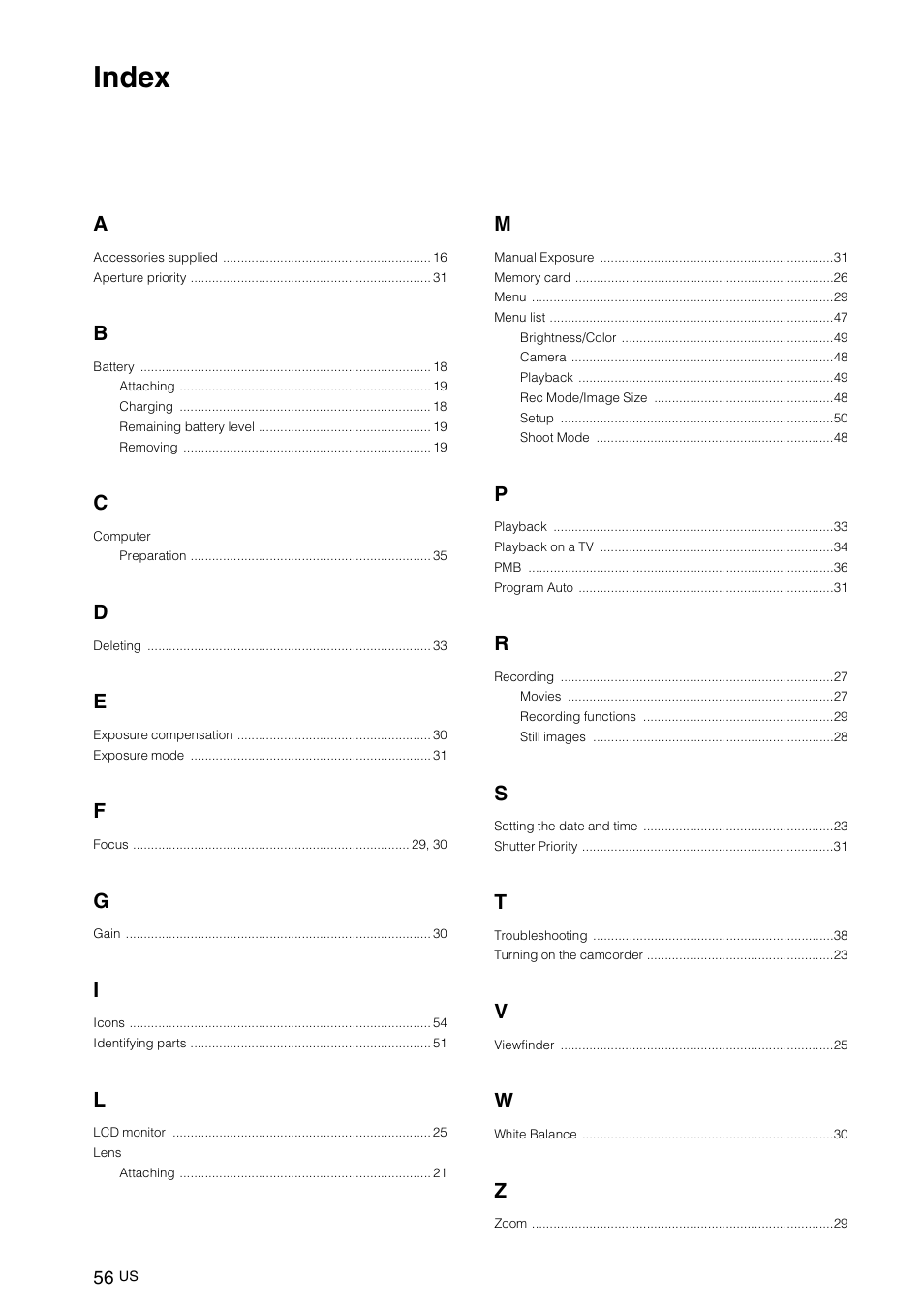 Index | Sony NEX-VG10 User Manual | Page 55 / 161