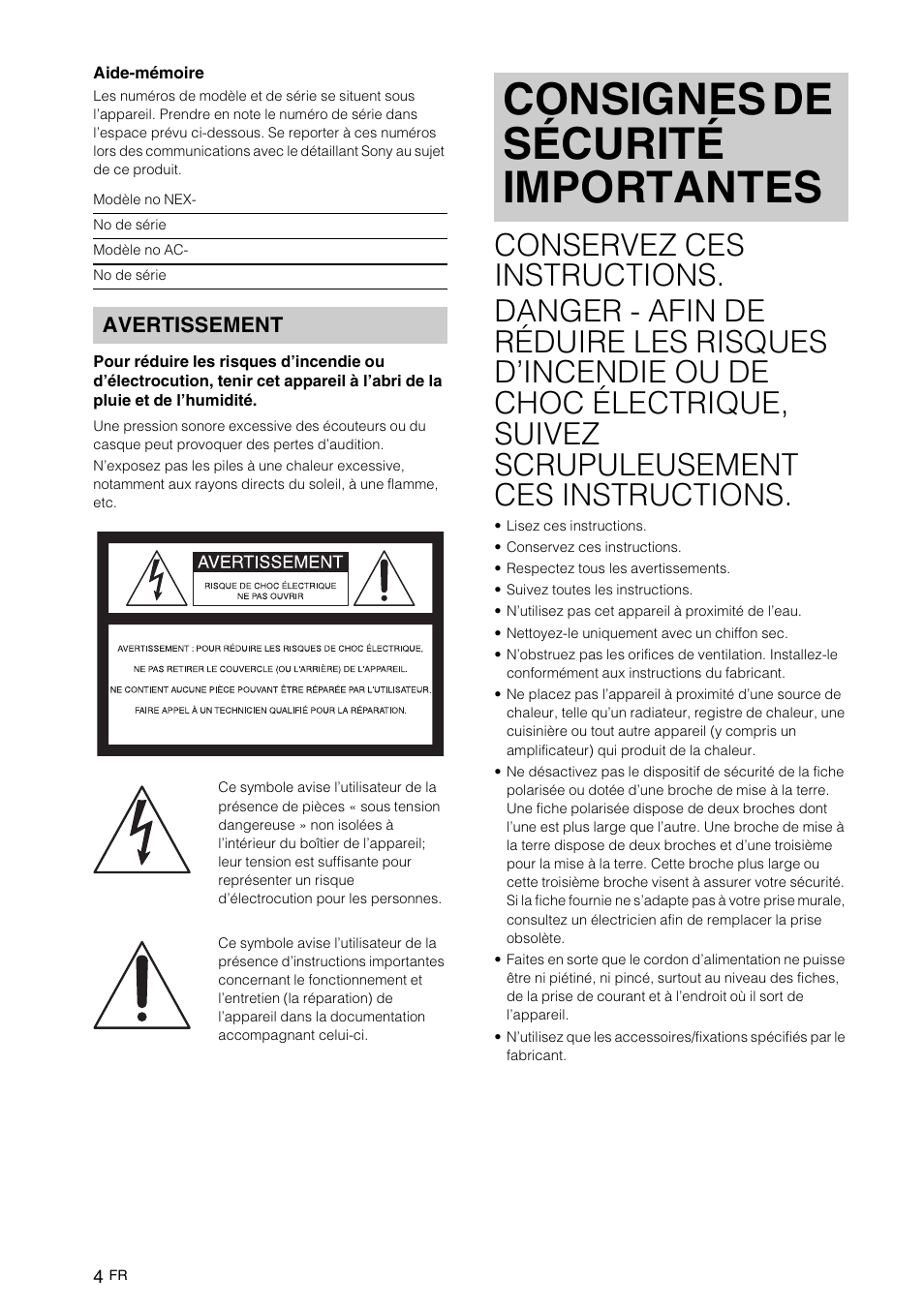 Consignes de sécurité importantes, Avertissement | Sony NEX-VG10 User Manual | Page 57 / 161