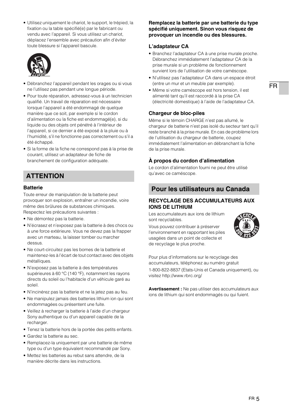 Attention pour les utilisateurs au canada | Sony NEX-VG10 User Manual | Page 58 / 161