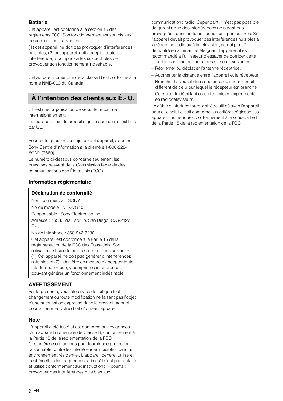 À l’intention des clients aux é.- u | Sony NEX-VG10 User Manual | Page 59 / 161