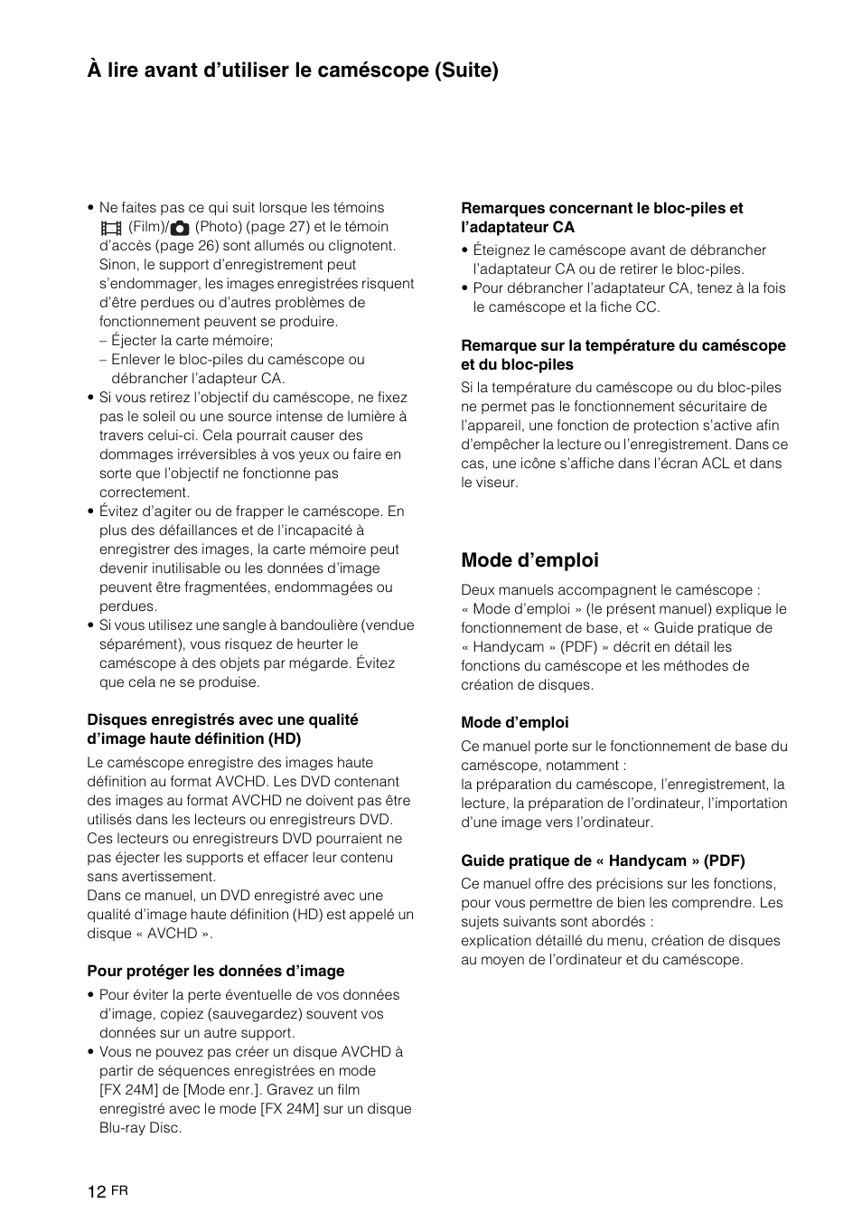 Mode d’emploi, À lire avant d’utiliser le caméscope (suite) | Sony NEX-VG10 User Manual | Page 65 / 161