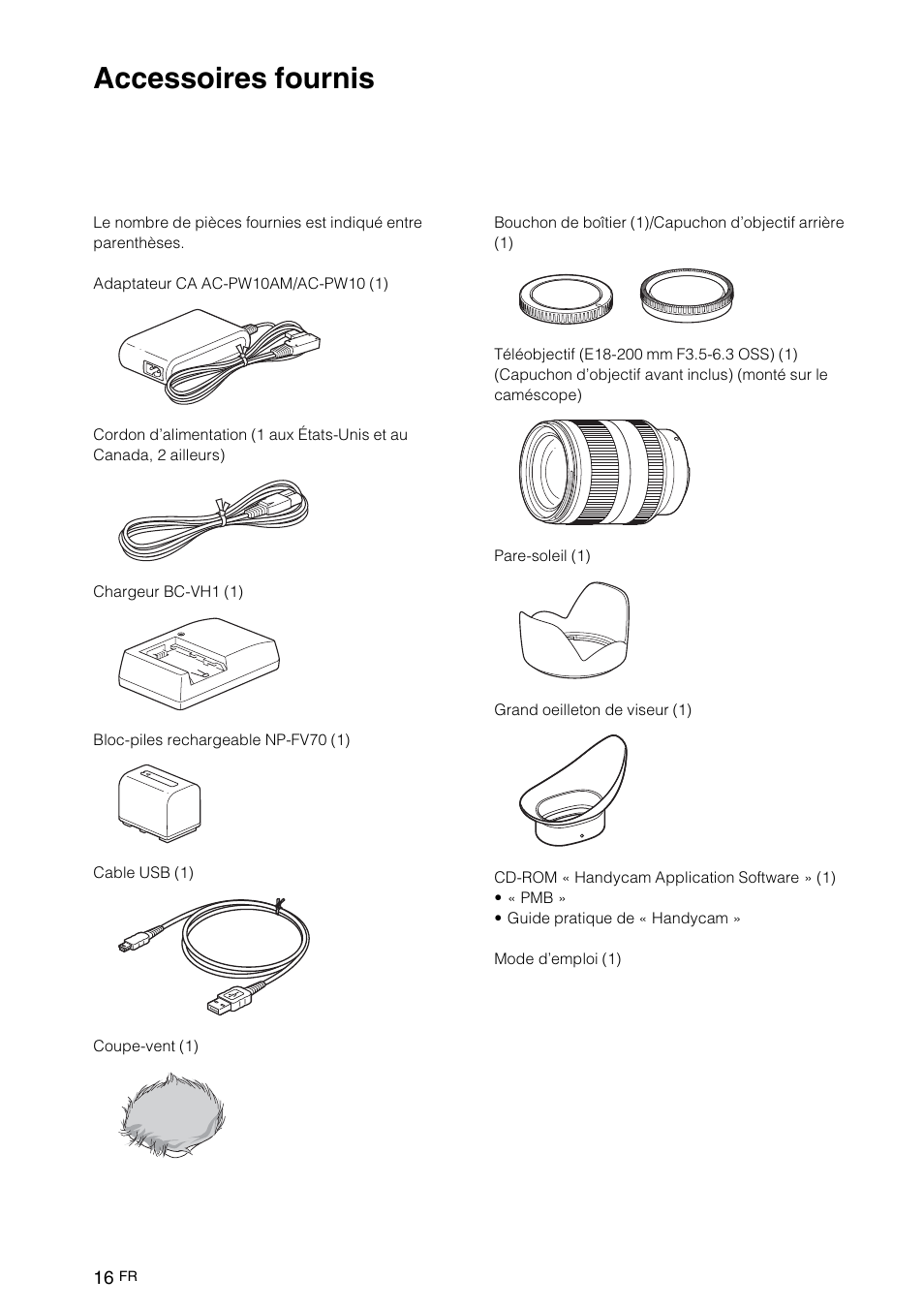 Pour commencer, Accessoires fournis, En c | Sony NEX-VG10 User Manual | Page 69 / 161