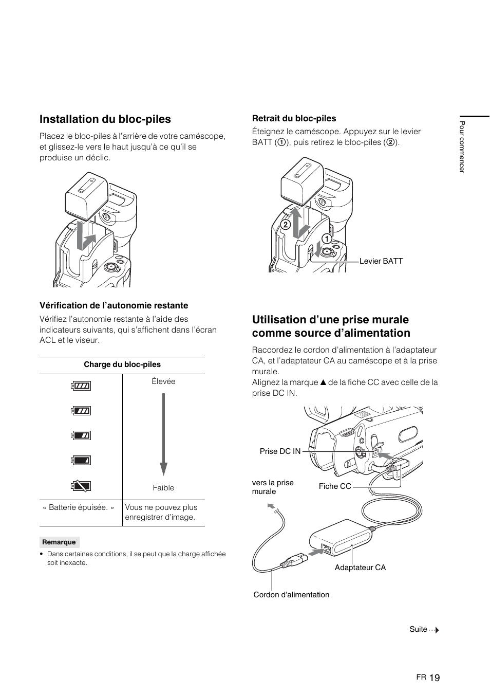 Installation du bloc-piles | Sony NEX-VG10 User Manual | Page 72 / 161