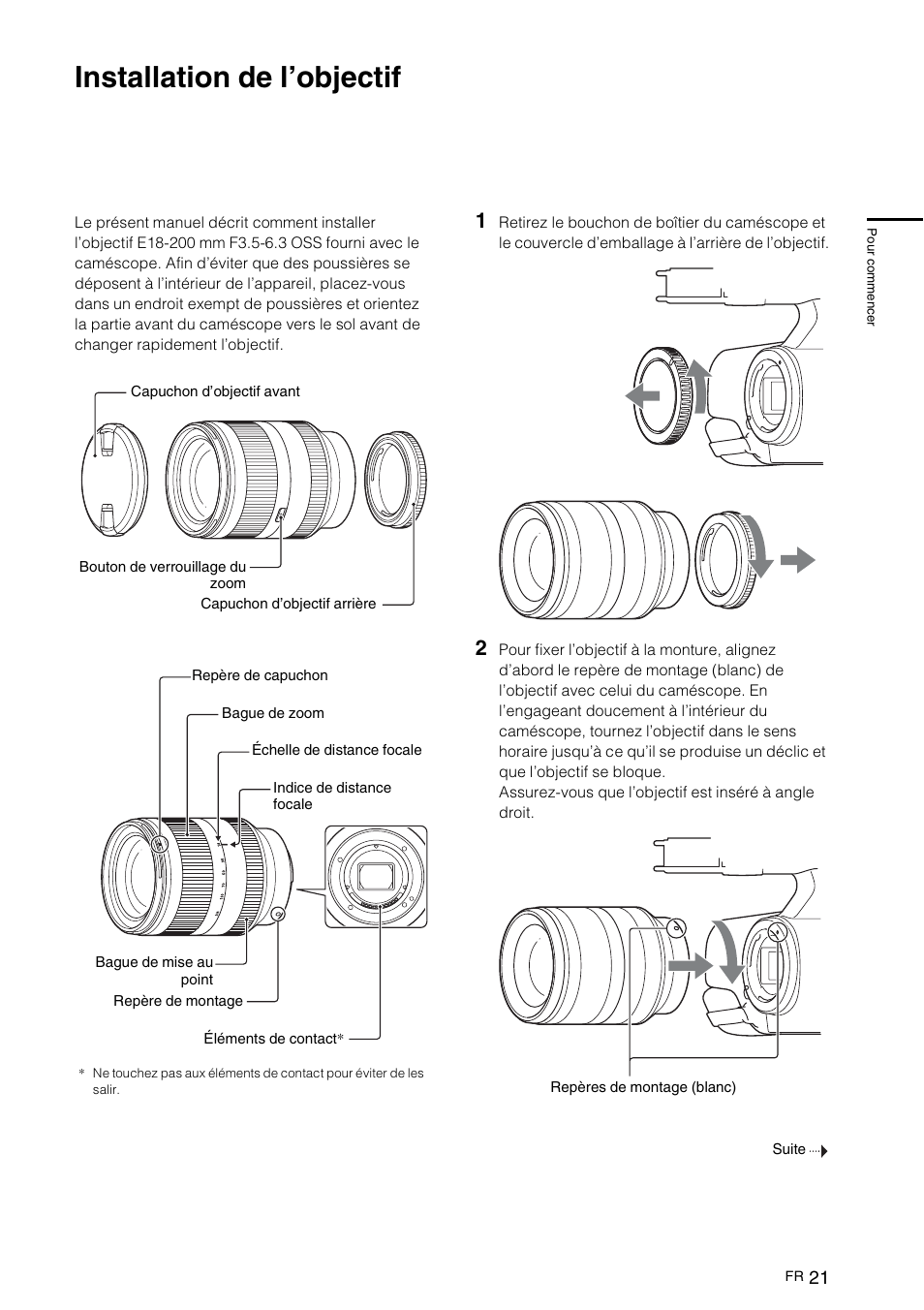 Installation de l’objectif | Sony NEX-VG10 User Manual | Page 74 / 161