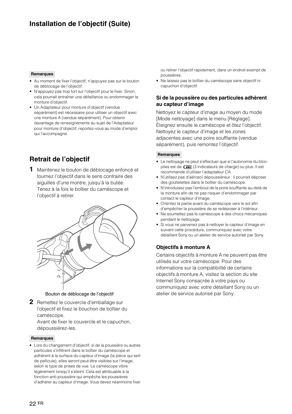 Retrait de l’objectif, Installation de l’objectif (suite), Retrait de l’objectif 1 | Sony NEX-VG10 User Manual | Page 75 / 161