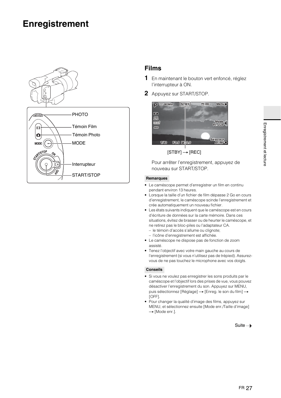 Enregistrement et lecture, Enregistrement, Films | Regi, Ent et l, Films 1 | Sony NEX-VG10 User Manual | Page 80 / 161