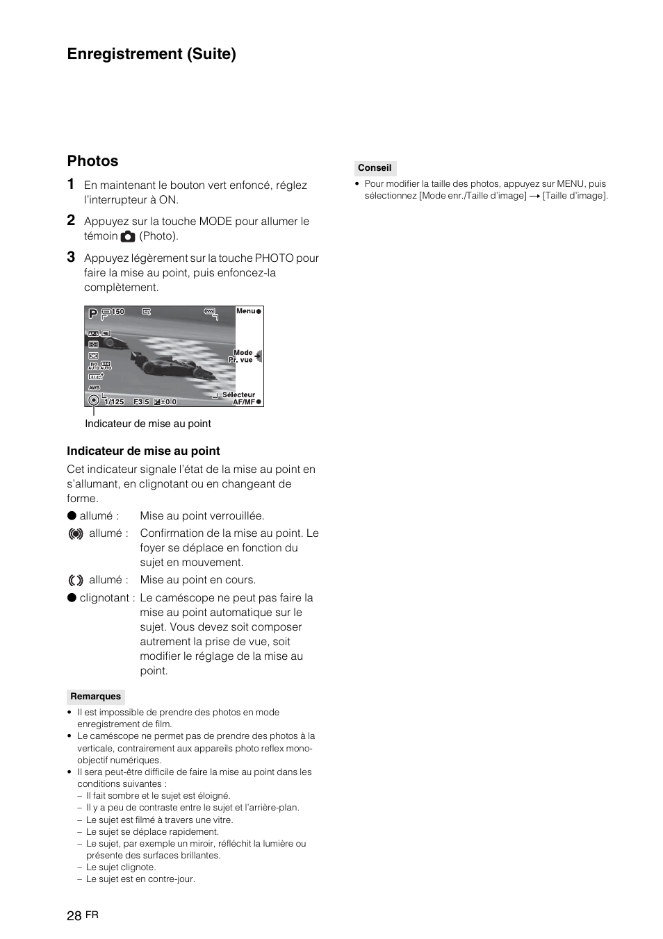 Photos, Enregistrement (suite), Photos 1 | Sony NEX-VG10 User Manual | Page 81 / 161