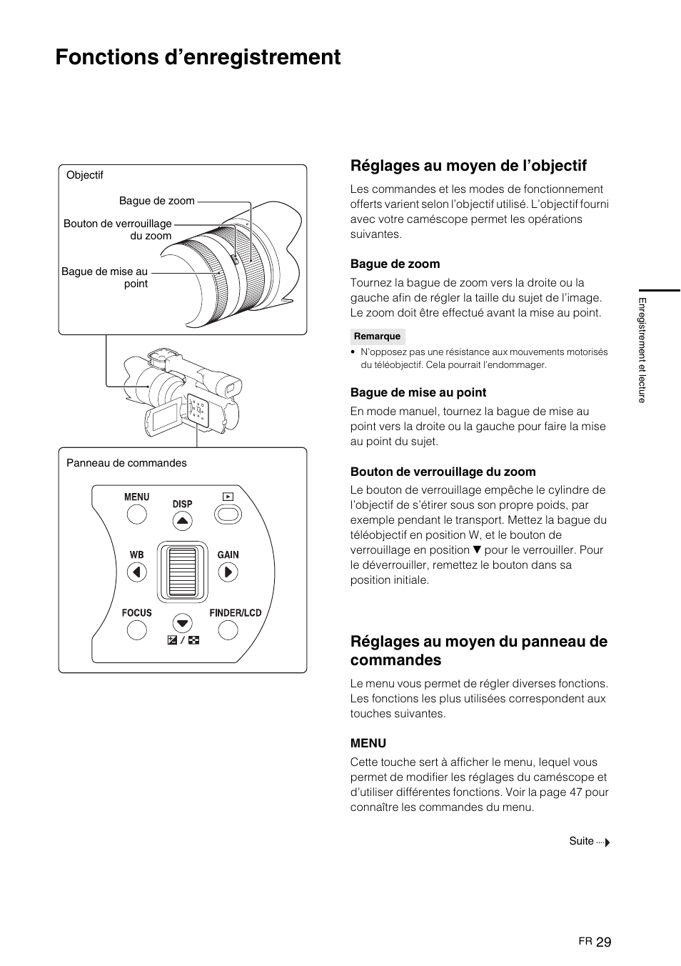 Fonctions d’enregistrement, Réglages au moyen de l’objectif, Réglages au moyen du panneau de commandes | Sony NEX-VG10 User Manual | Page 82 / 161