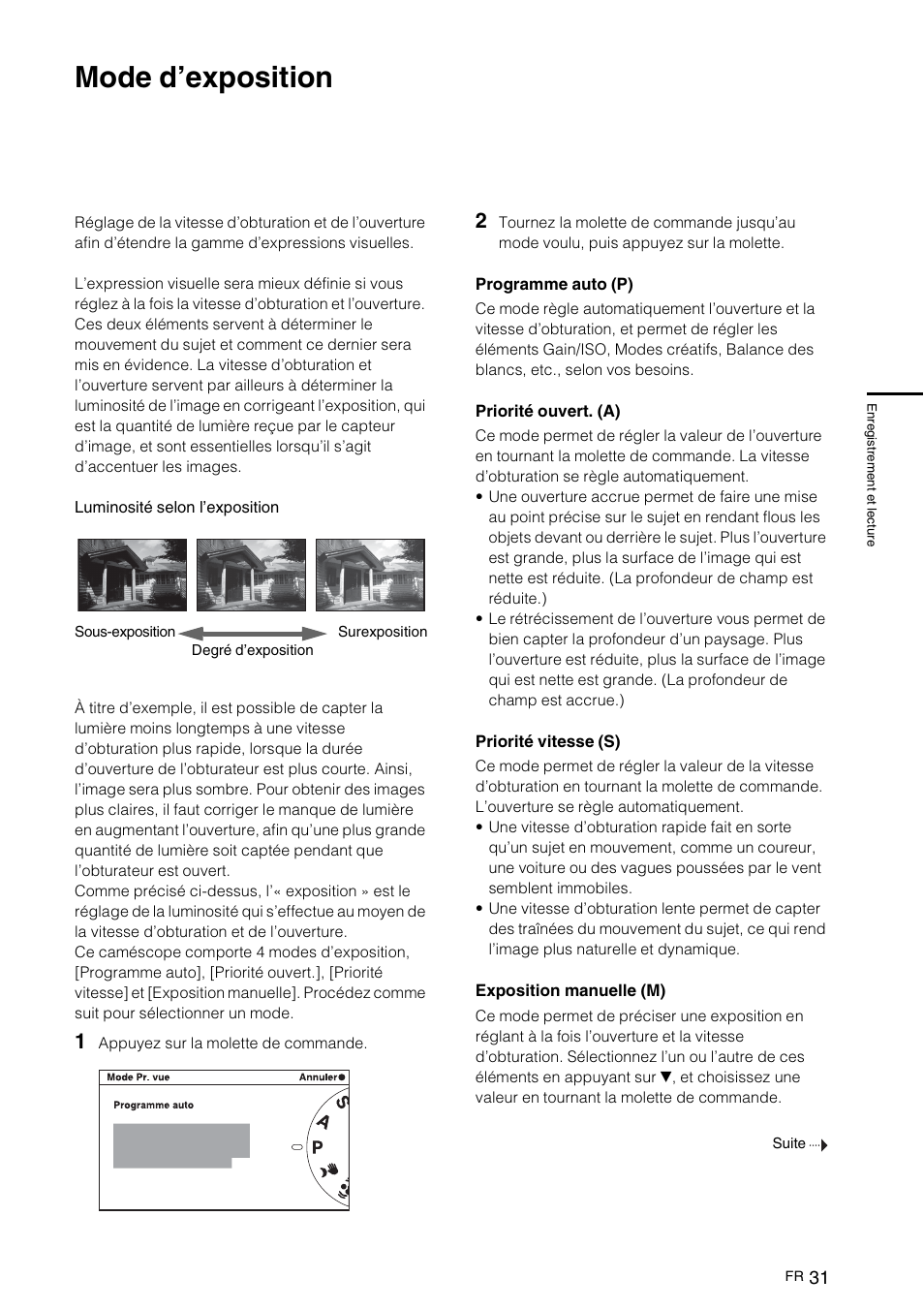 Mode d’exposition | Sony NEX-VG10 User Manual | Page 84 / 161