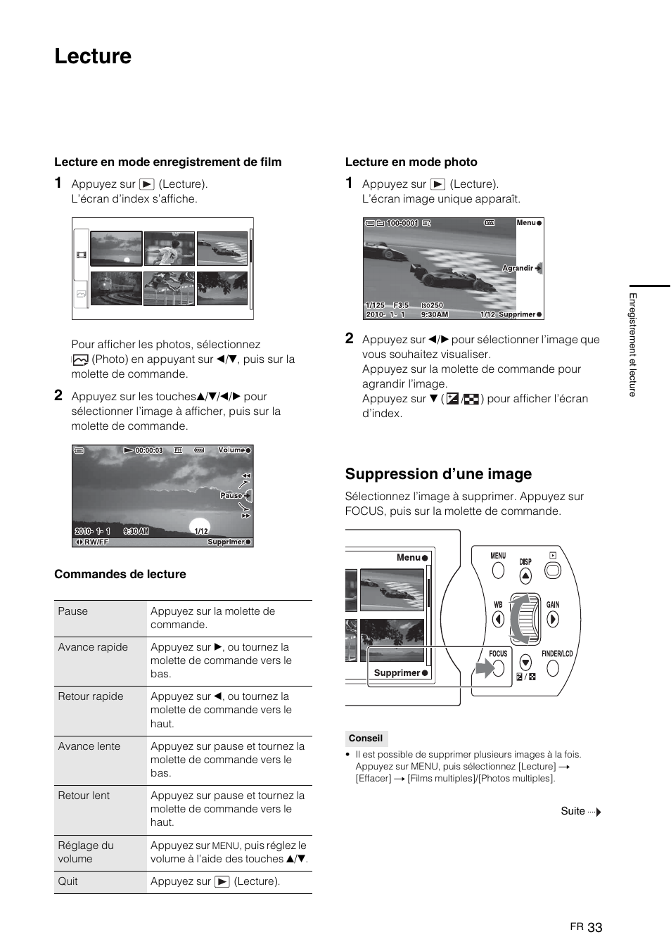 Lecture, Suppression d’une image | Sony NEX-VG10 User Manual | Page 86 / 161