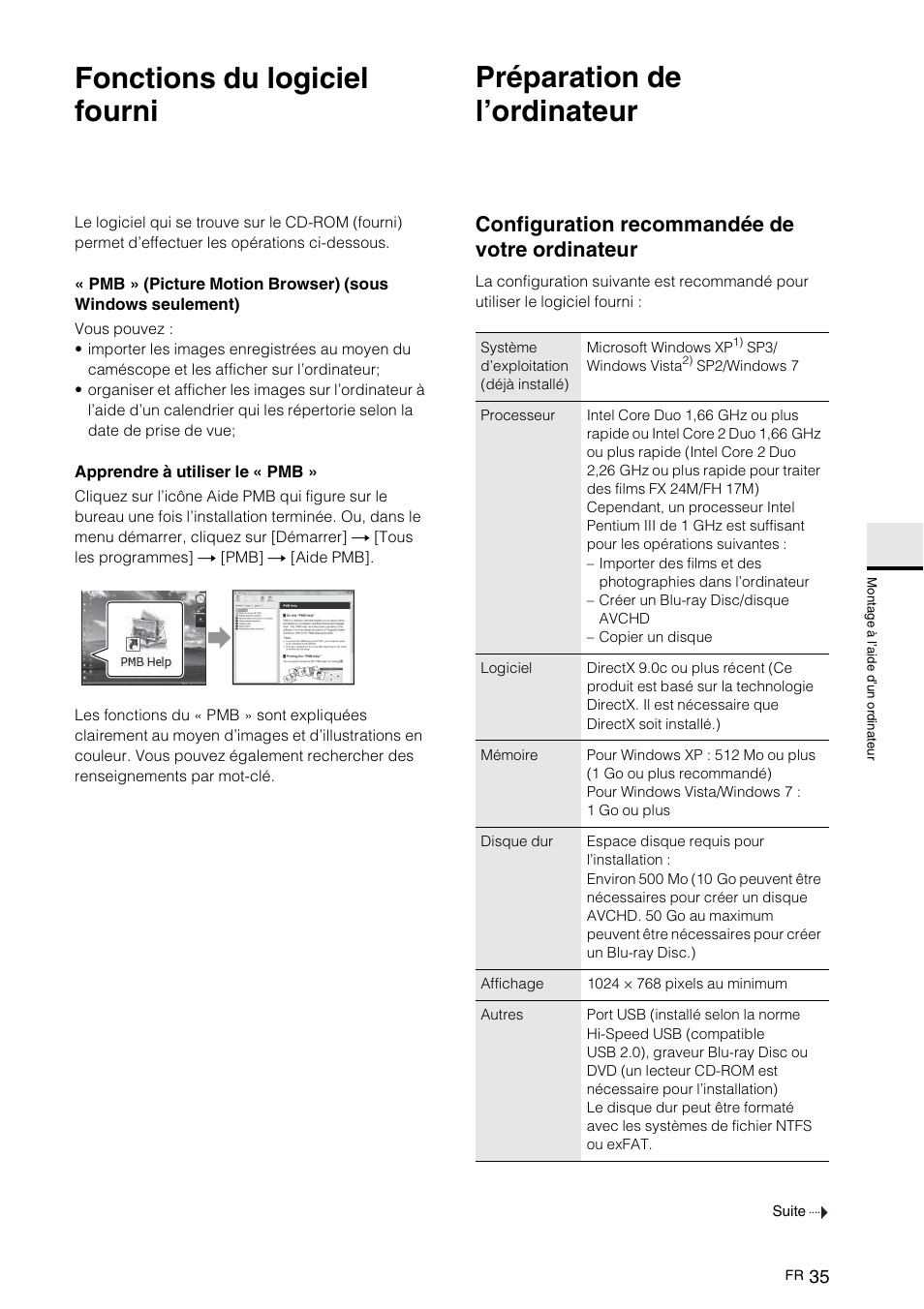 Montage à l’aide d’un ordinateur, Fonctions du logiciel fourni, Préparation de l’ordinateur | Configuration recommandée de votre ordinateur, Nta ge à l, Un or di | Sony NEX-VG10 User Manual | Page 88 / 161