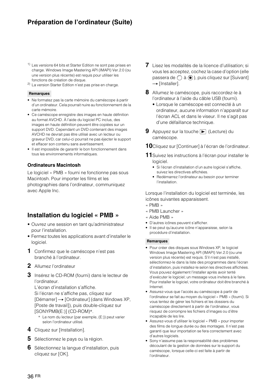 Installation du logiciel « pmb, Préparation de l’ordinateur (suite) | Sony NEX-VG10 User Manual | Page 89 / 161