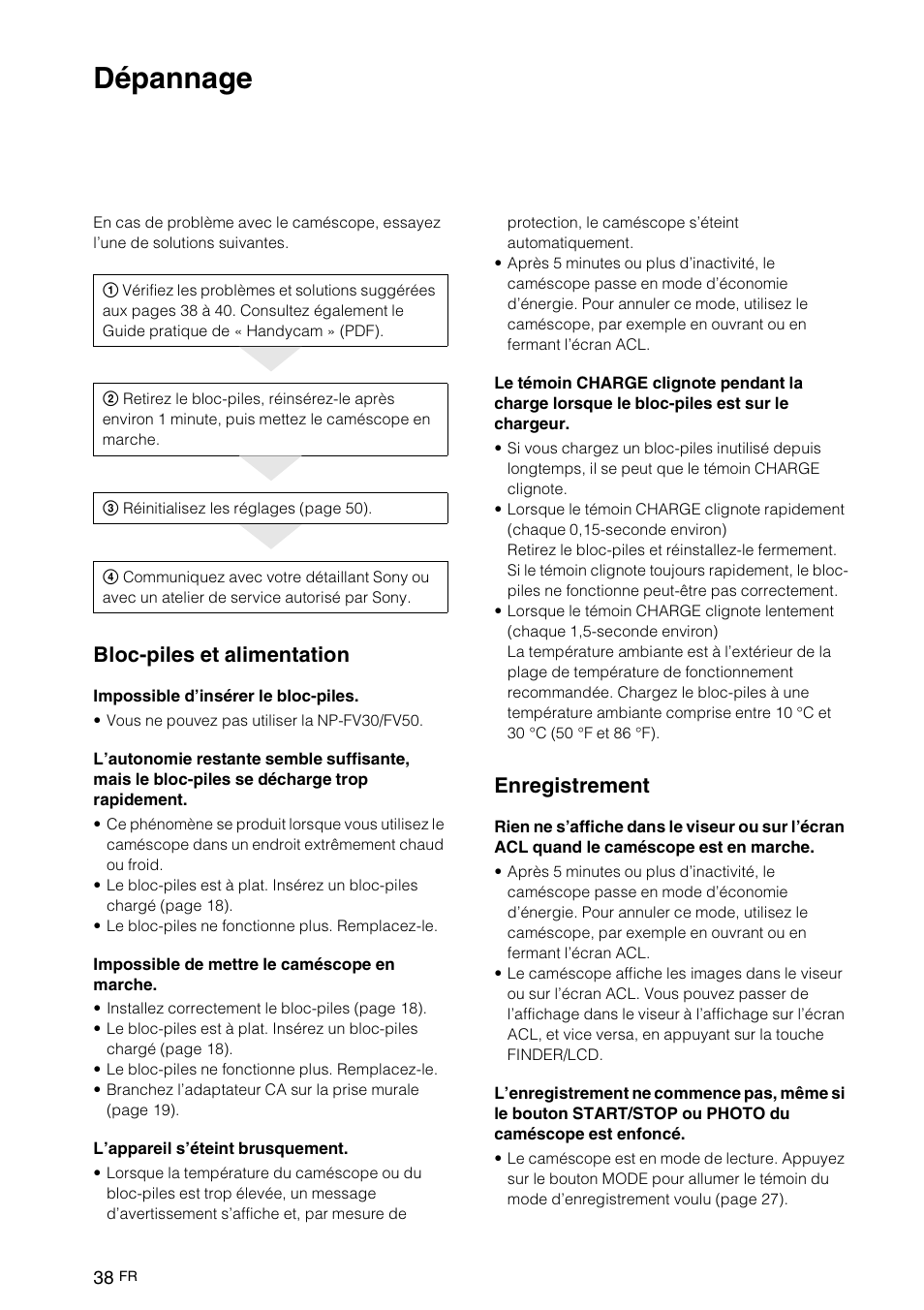 Informations complémentaires, Dépannage, Tions c | Ent ai, Bloc-piles et alimentation, Enregistrement | Sony NEX-VG10 User Manual | Page 91 / 161