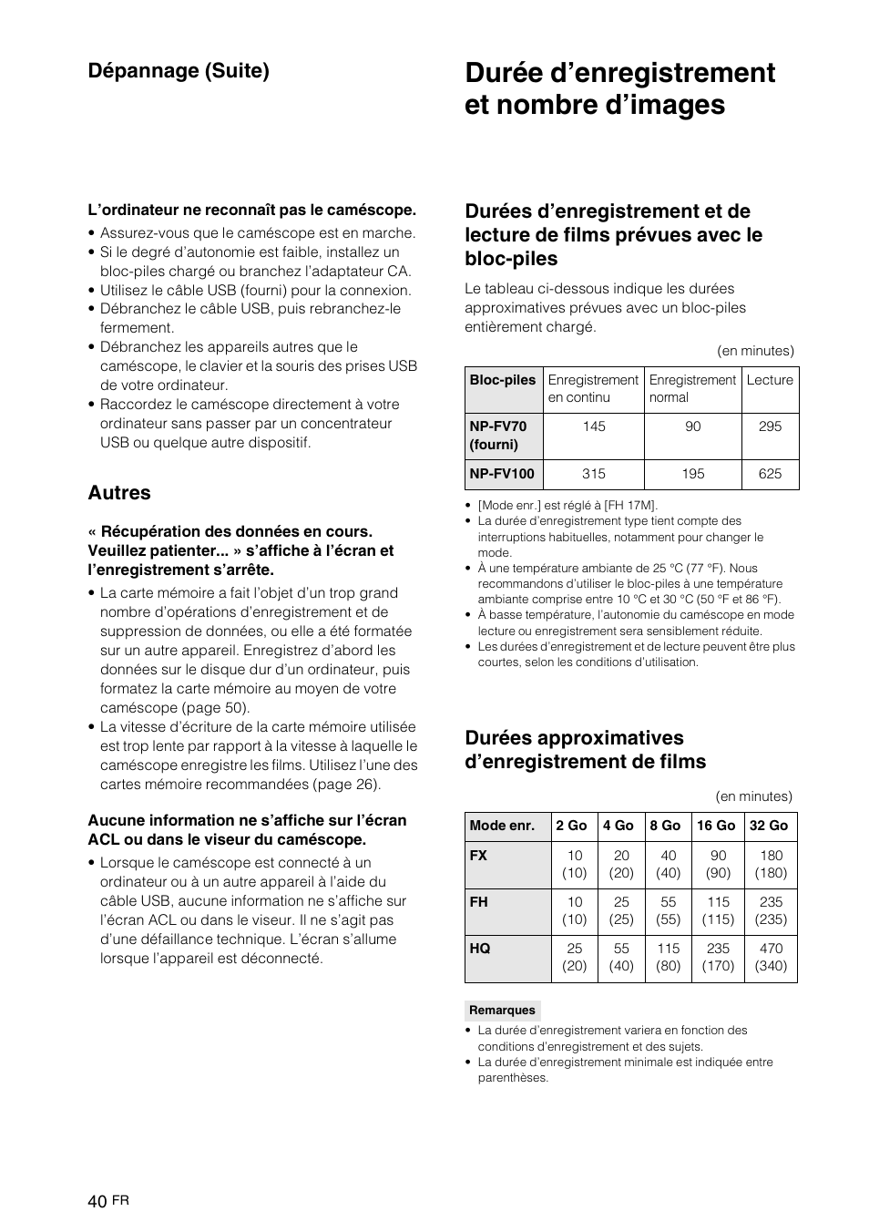 Durée d’enregistrement et nombre d’images, Durées approximatives d’enregistrement de films, Avec le bloc-piles | Dépannage (suite), Autres | Sony NEX-VG10 User Manual | Page 93 / 161