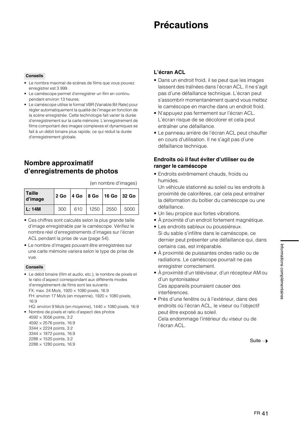 Nombre approximatif d’enregistrements de photos, Précautions | Sony NEX-VG10 User Manual | Page 94 / 161