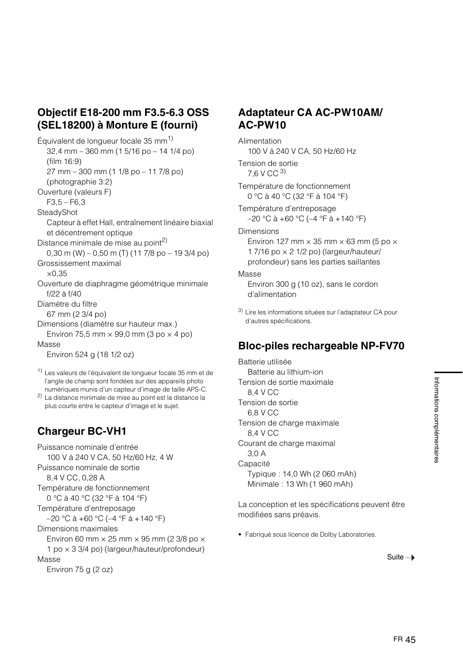 Chargeur bc-vh1, Adaptateur ca ac-pw10am/ ac-pw10, Bloc-piles rechargeable np-fv70 | Sony NEX-VG10 User Manual | Page 98 / 161