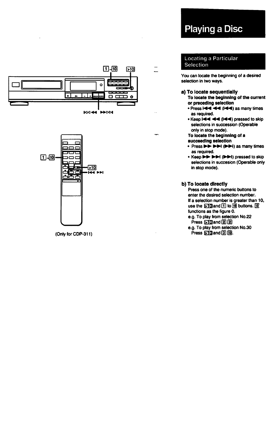 A) to locate sequentially, B) to locate directly, Playing a disc | Sony CDP-211 User Manual | Page 10 / 23