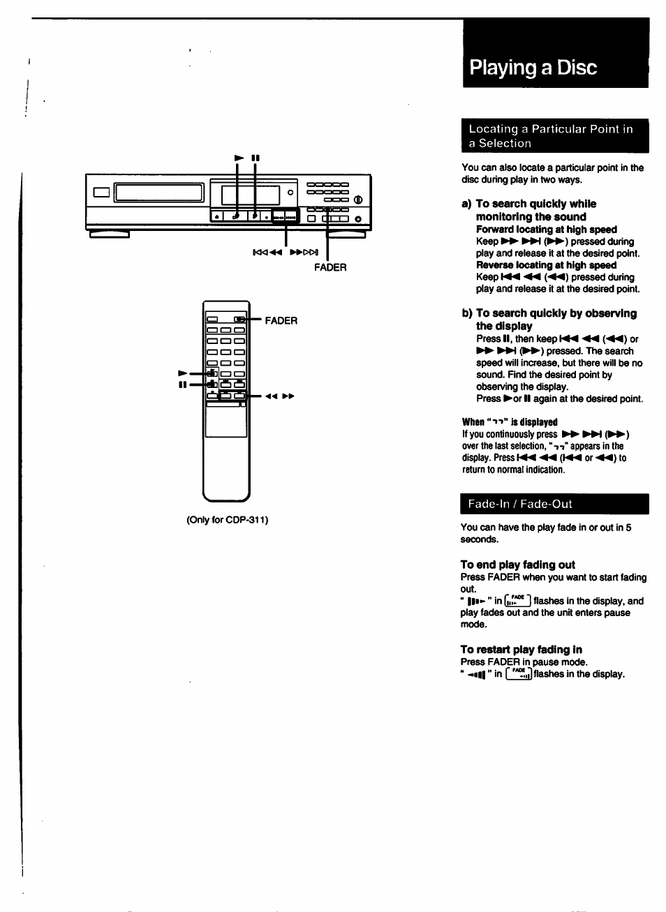 B) to search quickly by observing the display, To end play fading out, To restart play fading in | Sony CDP-211 User Manual | Page 11 / 23