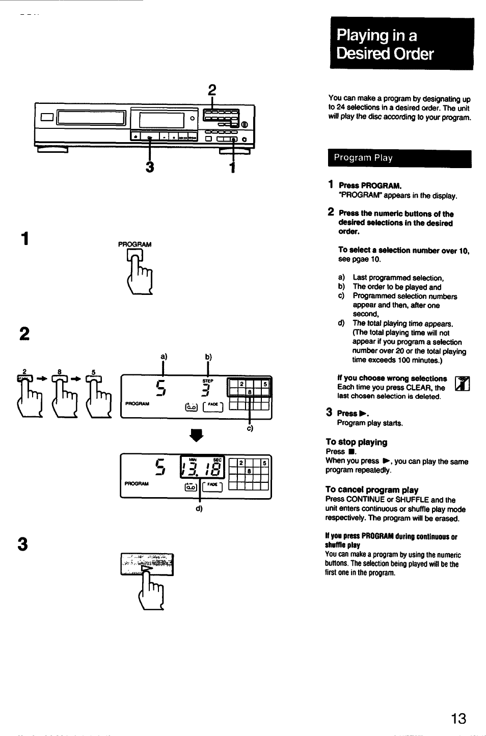 To stop playing, To cancel program play, Playing in a desired order | Sony CDP-211 User Manual | Page 13 / 23